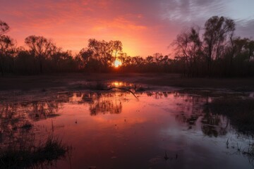 wetland with sunrise, the sky glowing orange and pink, created with generative ai