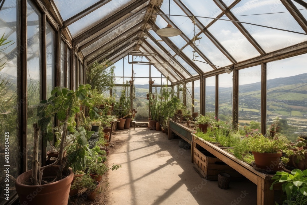 Poster greenhouse, with view of the surrounding landscape, showcasing the beauty and natural environment, created with generative ai