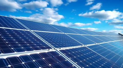 Solar panel with blue sky and clouds. concept clean energy, electric alternative, power in nature.