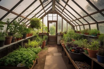 greenhouse with variety of plants and herbs growing in pots, created with generative ai