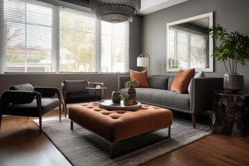 stylish, modern lounge area with plush seating and glass coffee table, created with generative ai