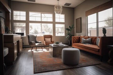 Fototapeta premium warm and inviting reception area with plush seating, natural light, and modern decor, created with generative ai