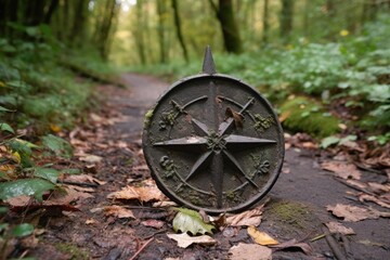 a trail marker made of cast-iron, with a compass rose and arrow pointing in the direction of travel, created with generative ai