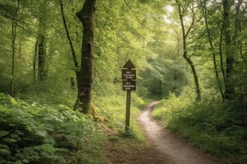 signpost with arrows pointing the way on a forest path, created with generative ai