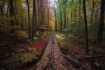 Naklejka premium threestraight lines of different colors showing the way through dense forest, created with generative ai