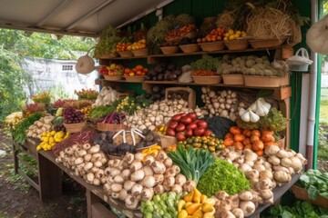Obraz premium vegetable stand with variety of vegetables and fruits, including mushrooms and herbs, created with generative ai