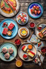Fototapeta na wymiar plates with colorful 4th of july themed desserts on a picnic table, created with generative ai