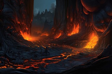 nighttime view of glowing lava flow down a volcano slope, created with generative ai