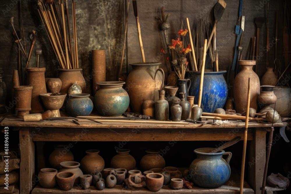 Poster aged pottery tools displayed on a rustic table, created with generative ai