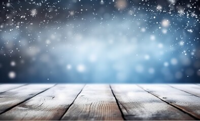 Naklejka na ściany i meble An illustration of a beautiful winter snowy blurred defocused blue background with an empty wooden flooring. Flakes of snowfall sparkle in the light. Created with Generative AI technology