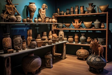display of various ancient pottery pieces, created with generative ai