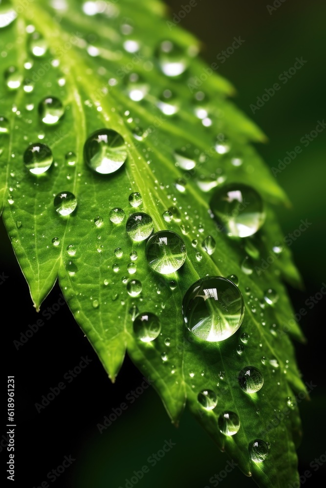 Poster beautiful macro of water droplets on leaf, created with generative ai