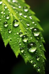 beautiful macro of water droplets on leaf, created with generative ai