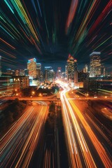 Obraz premium blurred motion of city lights at night, created with generative ai