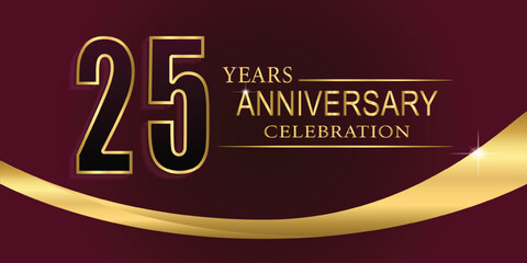 25th Year anniversary celebration background. Golden lettering and a gold ribbon on dark background,vector design for celebration, invitation card, and greeting card.