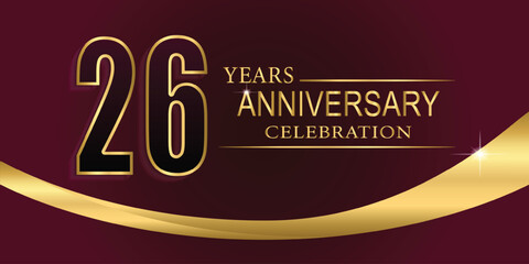 26th Year anniversary celebration background. Golden lettering and a gold ribbon on dark background,vector design for celebration, invitation card, and greeting card.