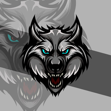 Head of a angry wolf mascot sport logo design. Wolf animal mascot head vector illustration logo. Wolf head emblem design for eSports team. Character for sport and gaming logo concept..