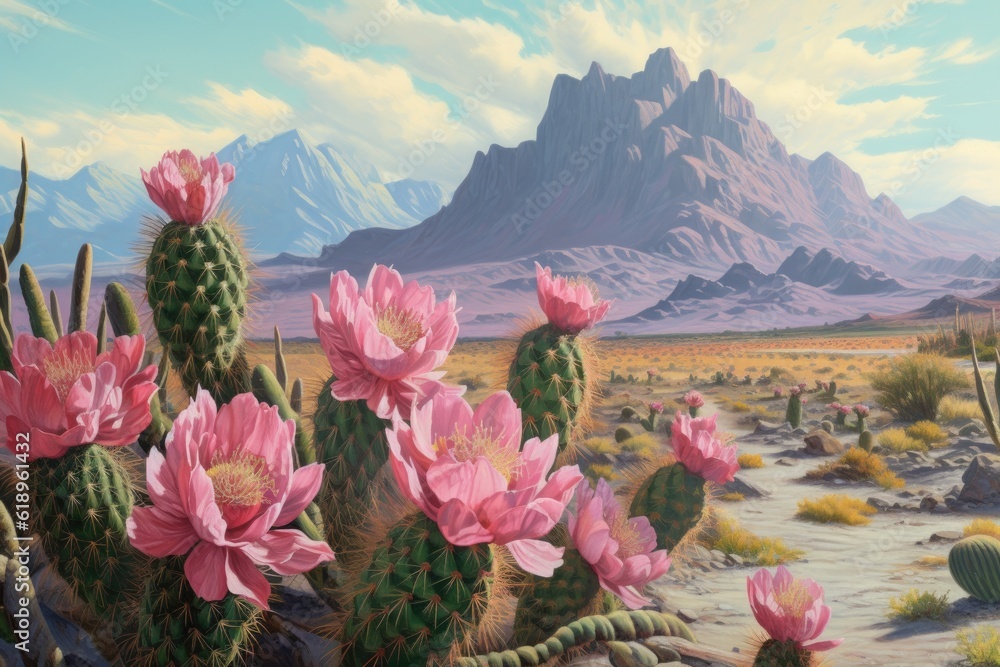 Wall mural blooming cacti with mountain range in the background, created with generative ai