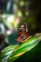 butterfly resting on a leaf with blurred background, created with generative ai