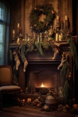 Fototapeta na wymiar warm fireplace with stockings and garland, created with generative ai