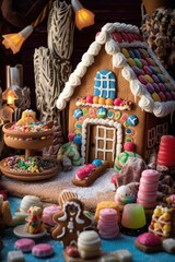 gingerbread house surrounded by holiday treats, created with generative ai