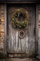 christmas wreath hanging on a rustic wooden door, created with generative ai