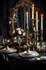 elegant holiday table setting with candles and decorations, created with generative ai