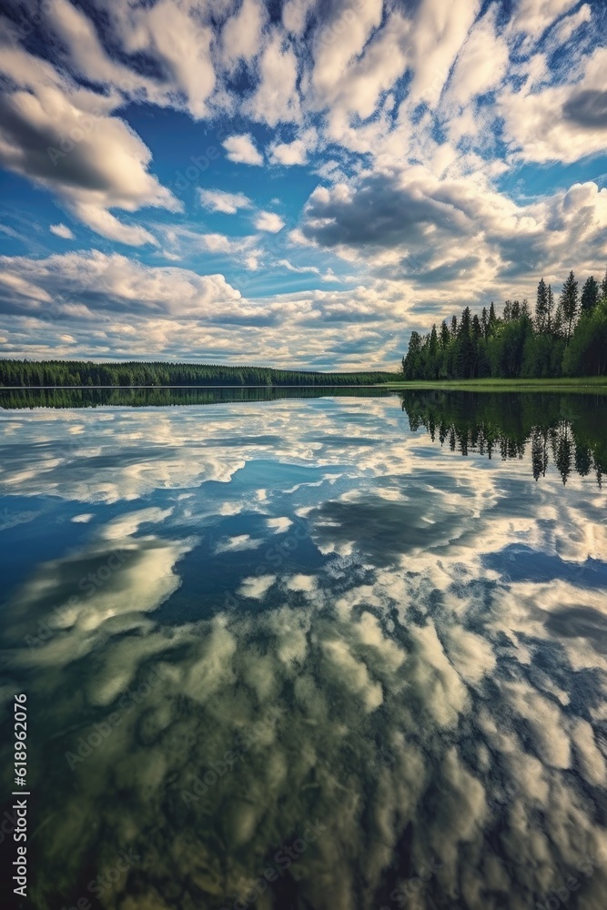 Poster clouds reflecting in a calm lake surface, created with generative ai