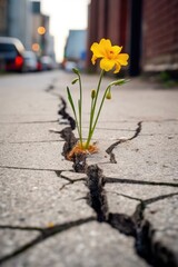 tiny flowers emerging through cracks in pavement, created with generative ai