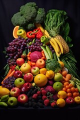 colorful fruits and vegetables arranged in a rainbow, created with generative ai