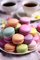 Fototapeta premium close-up of colorful macarons on a white plate, created with generative ai