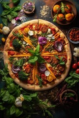 Fototapeta premium homemade pizza with various toppings and basil, created with generative ai