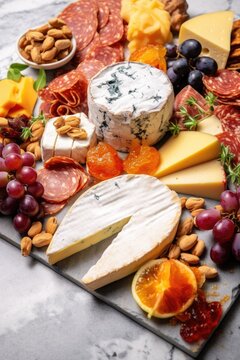 variety of cheeses on a marble charcuterie board, created with generative ai