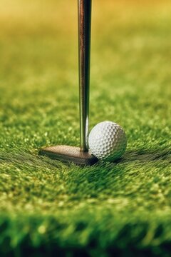close-up of a putter striking a golf ball on the green, created with generative ai
