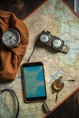 smartphone with travel app, map and compass on table, created with generative ai
