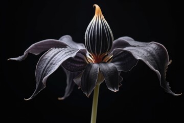 elegant black bat orchid with long petals, created with generative ai