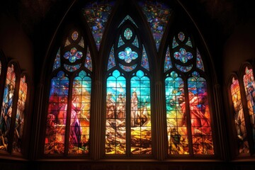 Fototapeta na wymiar majestic stained glass windows casting colorful light, created with generative ai
