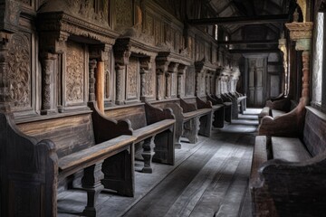 Obraz na płótnie Canvas ancient wooden pews with ornate carvings, created with generative ai