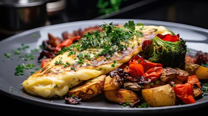 A close-up of a gourmet omelet with a side of roasted vegetables and artisan bread. Generative AI.