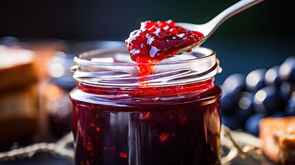 A close-up of a spoonful of fresh jam, with blurry glass jars in the background. Generative AI.