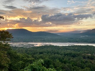 beautiful morning sunrise atmosphere, Quiet mountain and forest views, View of the island in the middle of the Mekong River, Cliffs along the Mekong River, Ubon Ratchathani, Thailand