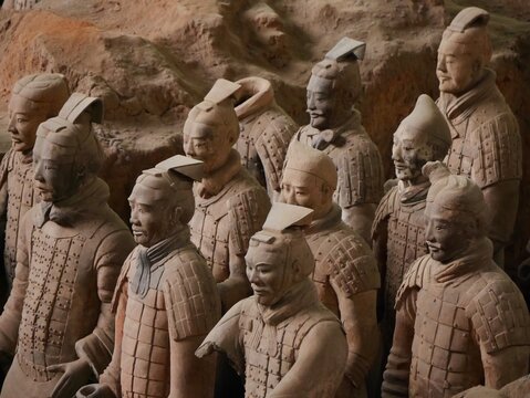 China - December 29, 2018, Terracotta army soldiers in the mausoleum tomb of Qin Shi Huang, first emperor of China, Xian, Shaanxi province, the famous Terracotta Army inside  Qin Shi Huang Mausoleum 