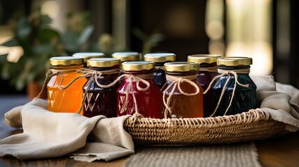 Fototapeta na wymiar A rustic basket filled with jars of homemade jam, ready for gifting or selling. Generative AI.