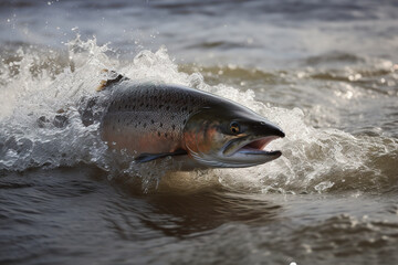 Obraz premium Salmon jumping out of the water in the river with splash water. Underwater animals. Illustration, Generative AI.