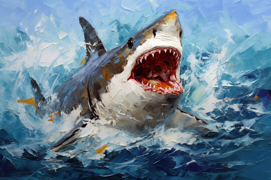 Beautiful painting of a shark with open mouth and angry in the sea. Undersea animals. Illustration, Generative AI.