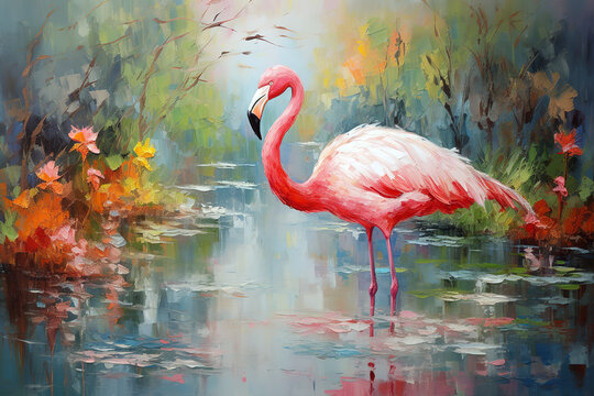 Beautiful painting of flamingo standing in the swamp in the forest. Bird, Wildlife Animals. Illustration, Generative AI.