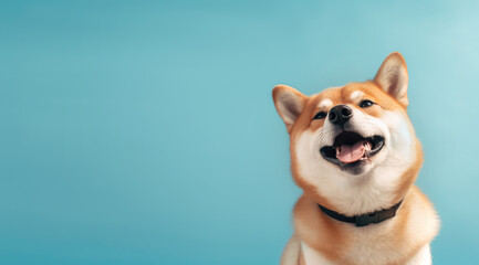 Happy dog smiling on blue background