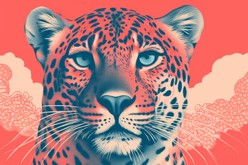 Colorful print illustration of a leopard in pastels, background, decoration