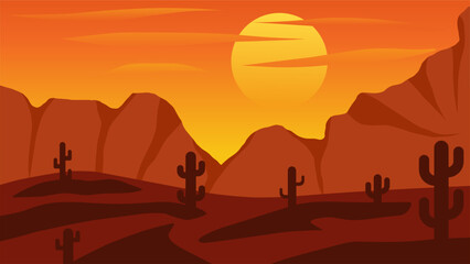 Fototapeta na wymiar Desert landscape vector illustration. Canyon desert landscape with cactus, ridge and sunset sky. American desert silhouette landscape for background, wallpaper, display or landing page