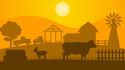 Countryside landscape vector illustration. Farm silhouette landscape with barn, tractor, cow and goat. Rural agriculture silhouette landscape for background, wallpaper, display or landing page